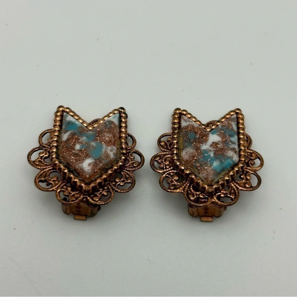 Vintage Copper Swirl Victorian Revival Clip On Earrings with Marble Glitter